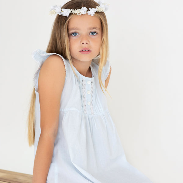 Girl's Blue Lace And Pintuck Cotton Dress