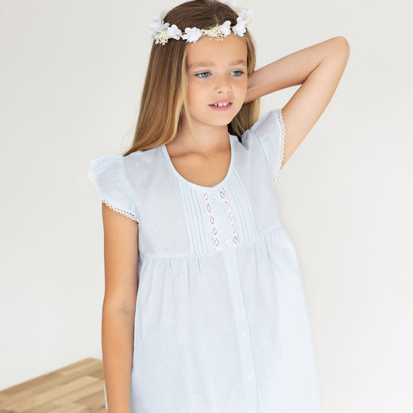 Girl's Blue Lace And Pintuck Cotton Pyjamas