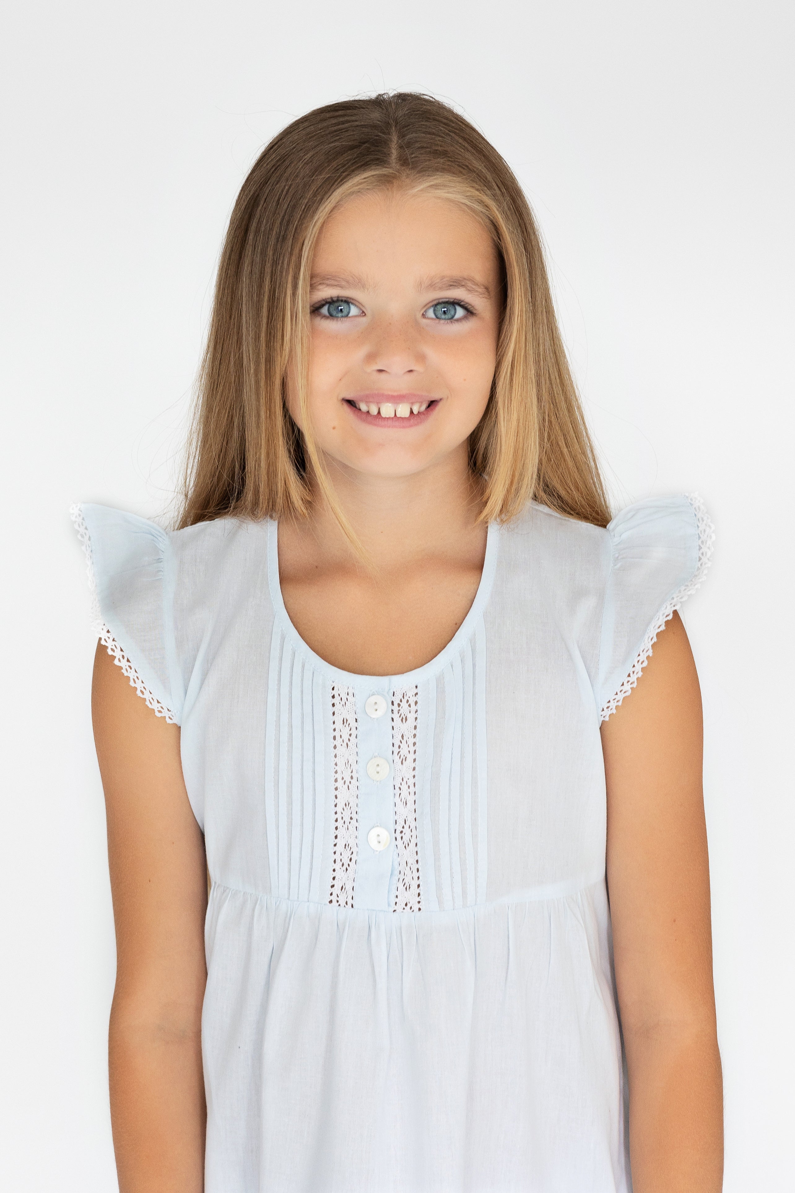 Girl's Blue Lace And Pintuck Cotton Dress