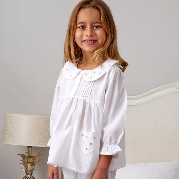 Girl's White Embroidered Heart Pyjamas