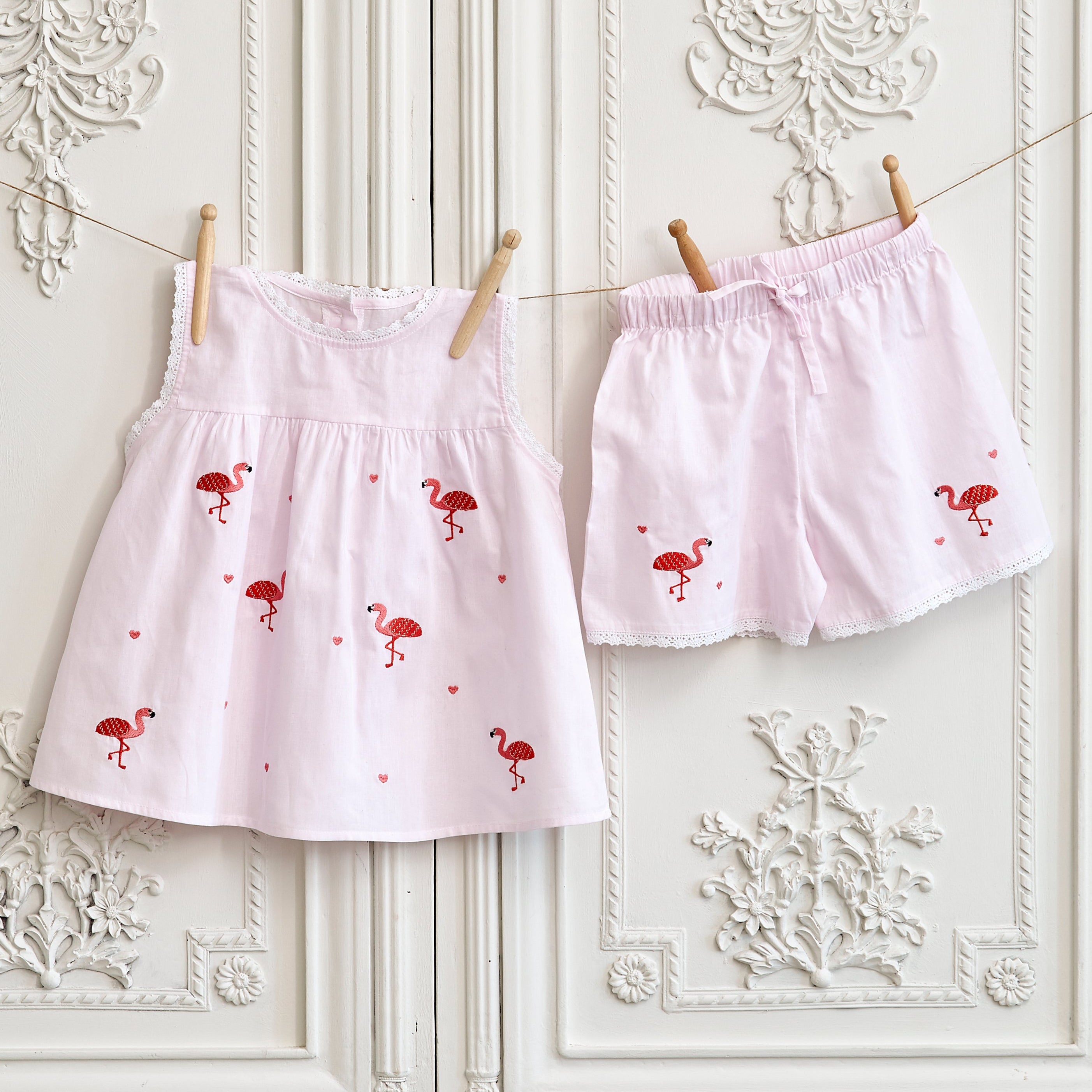 Girl's Pink Flamingo Cotton Pyjamas