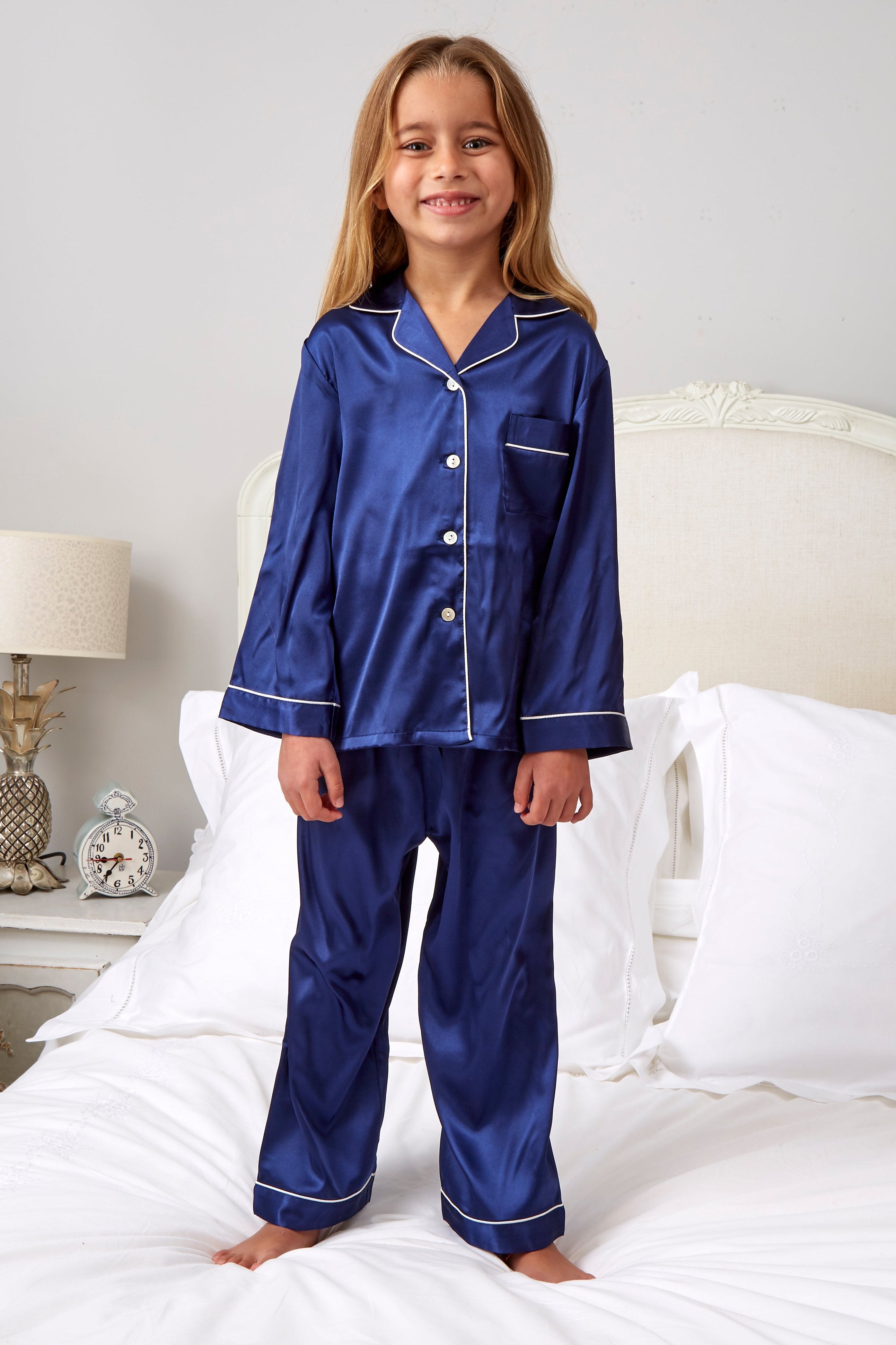 Girl's Navy Silky Satin Pyjama's
