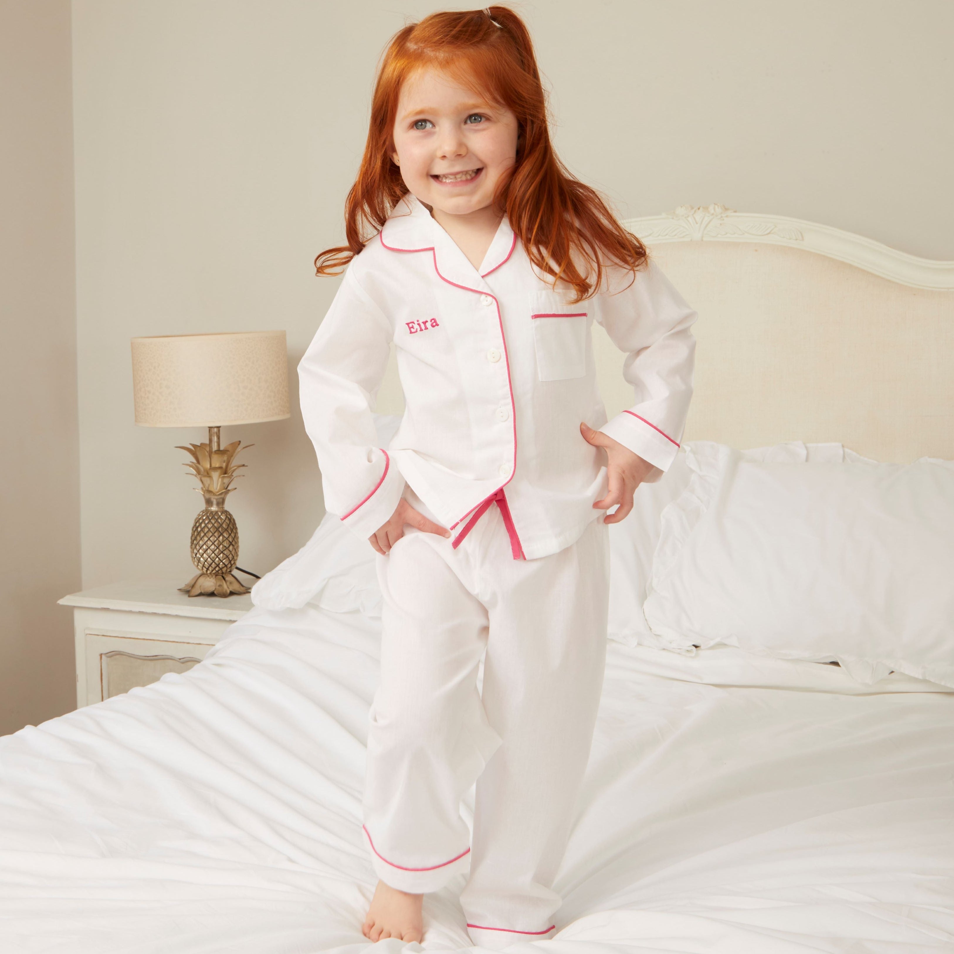 Girl's White with Pink Piping Cotton Pyjama's