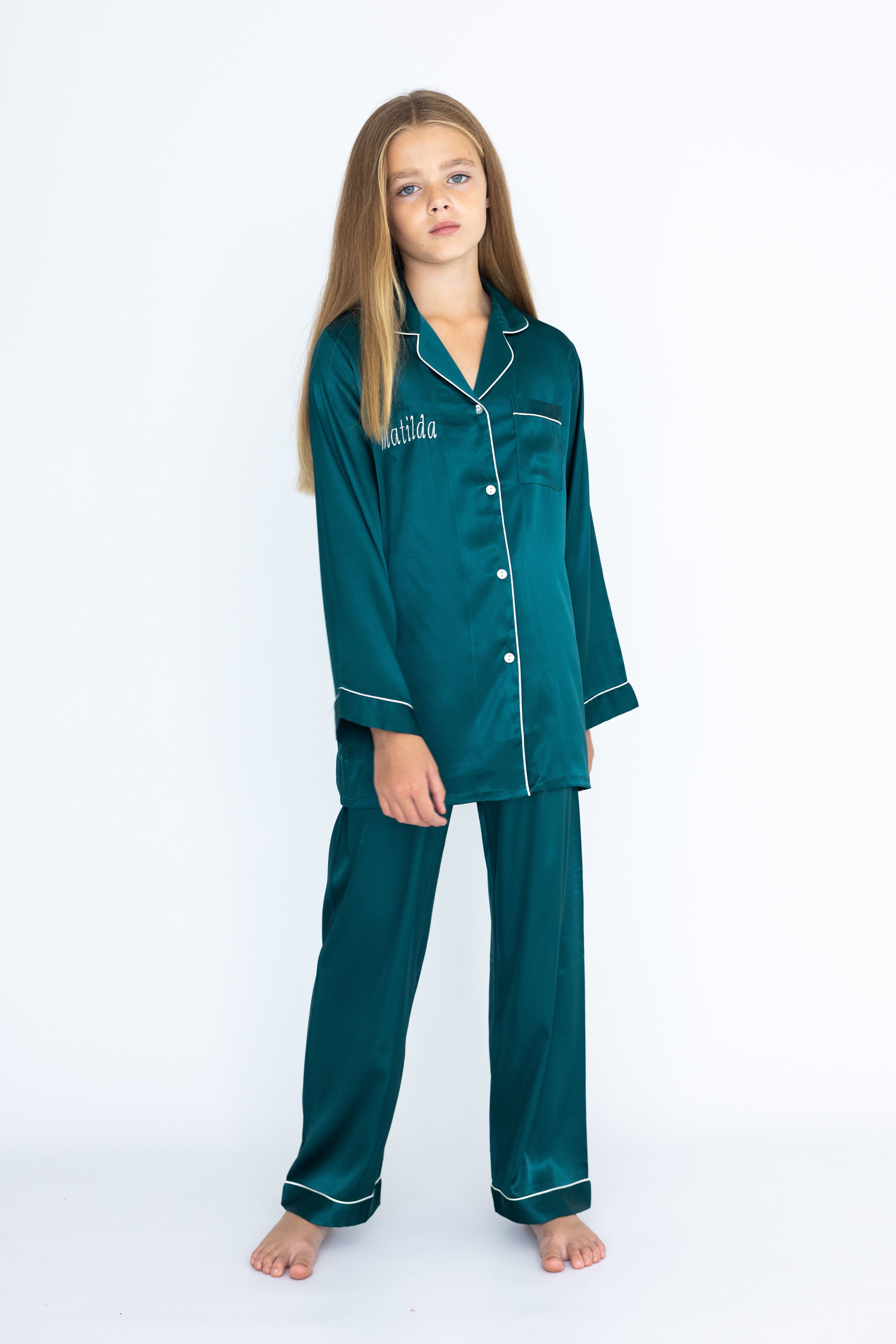 Girl's Emerald Silky Satin Pyjamas