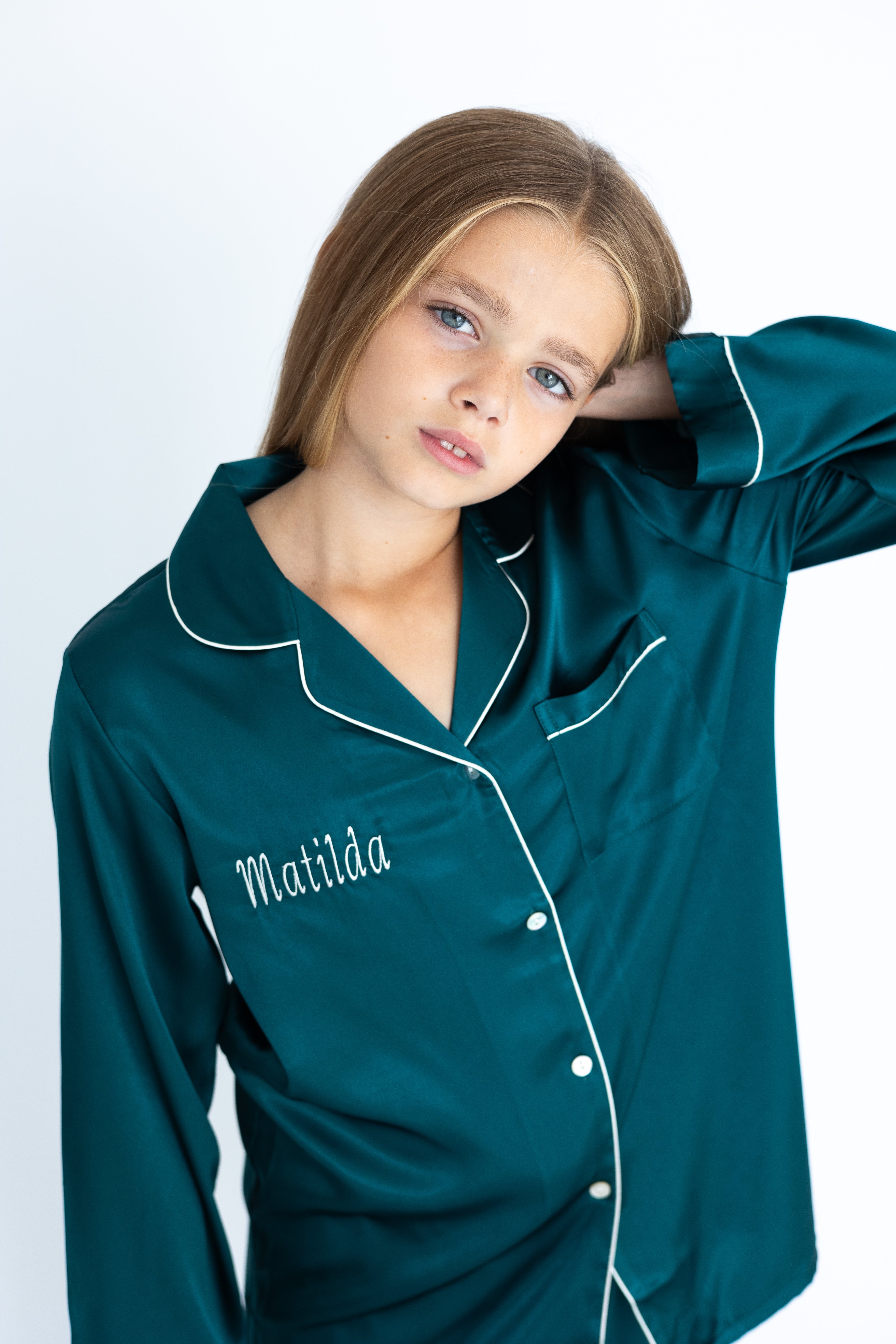 Girl's Emerald Silky Satin Pyjamas