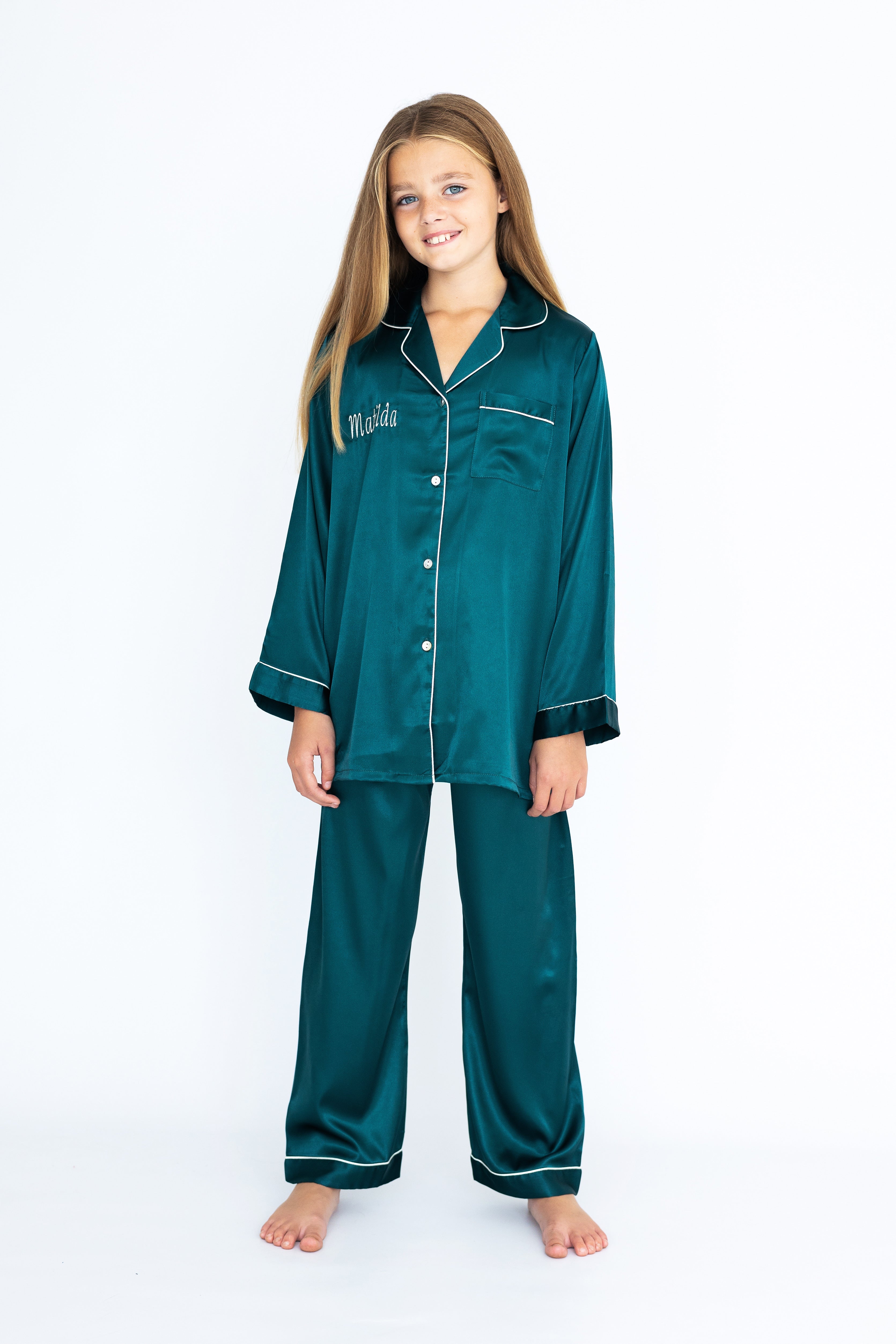 Girl's Emerald Silky Satin Pyjamas
