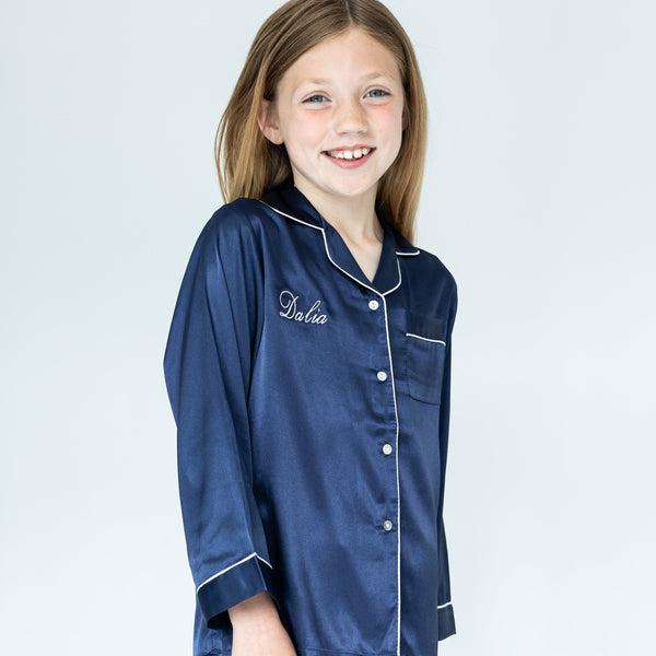 Girl's Navy Silky Satin Pyjama's