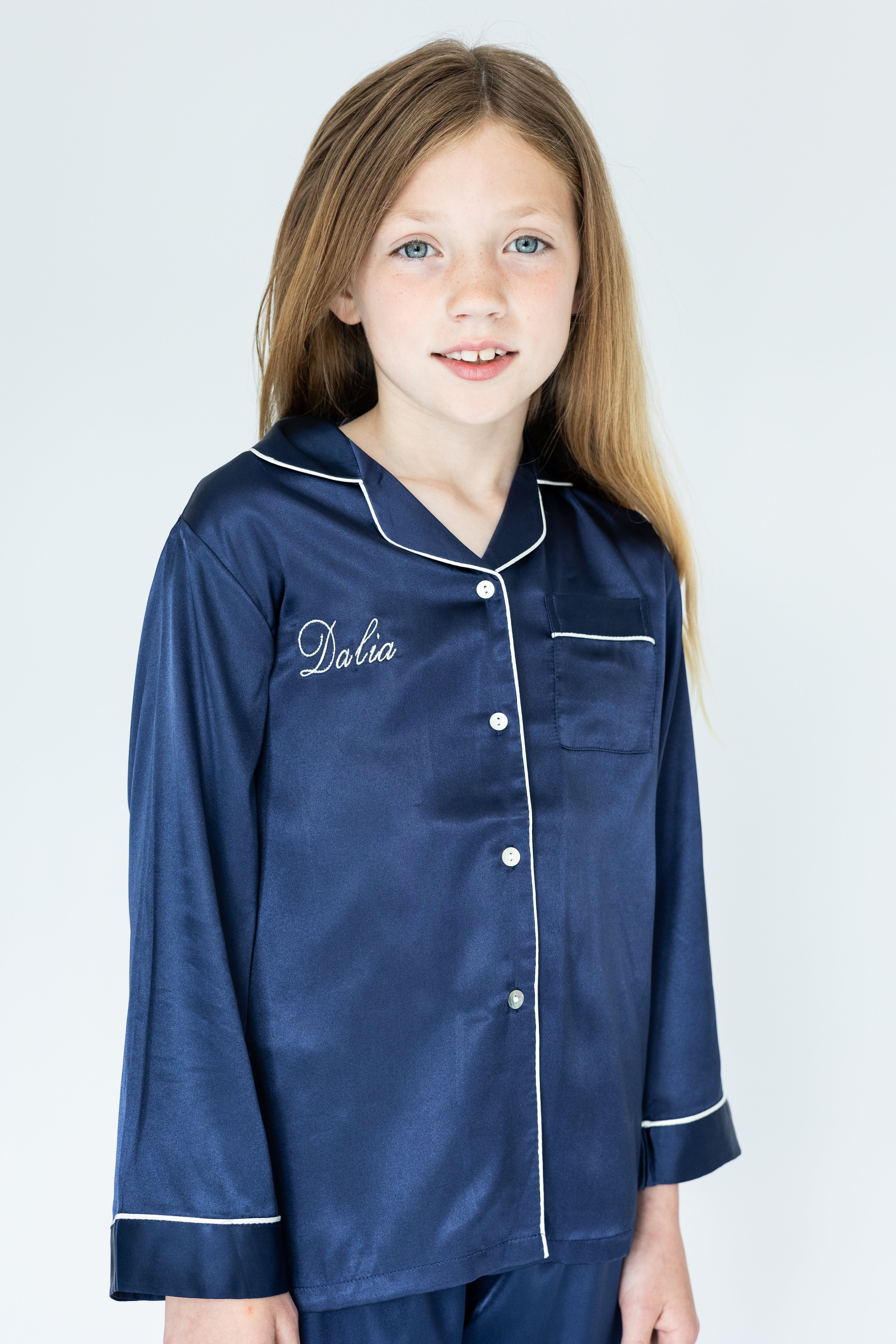 Girl's Navy Silky Satin Pyjama's