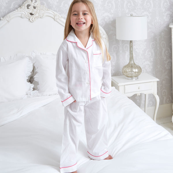 Girl's White with Pink Piping Cotton Pyjama's