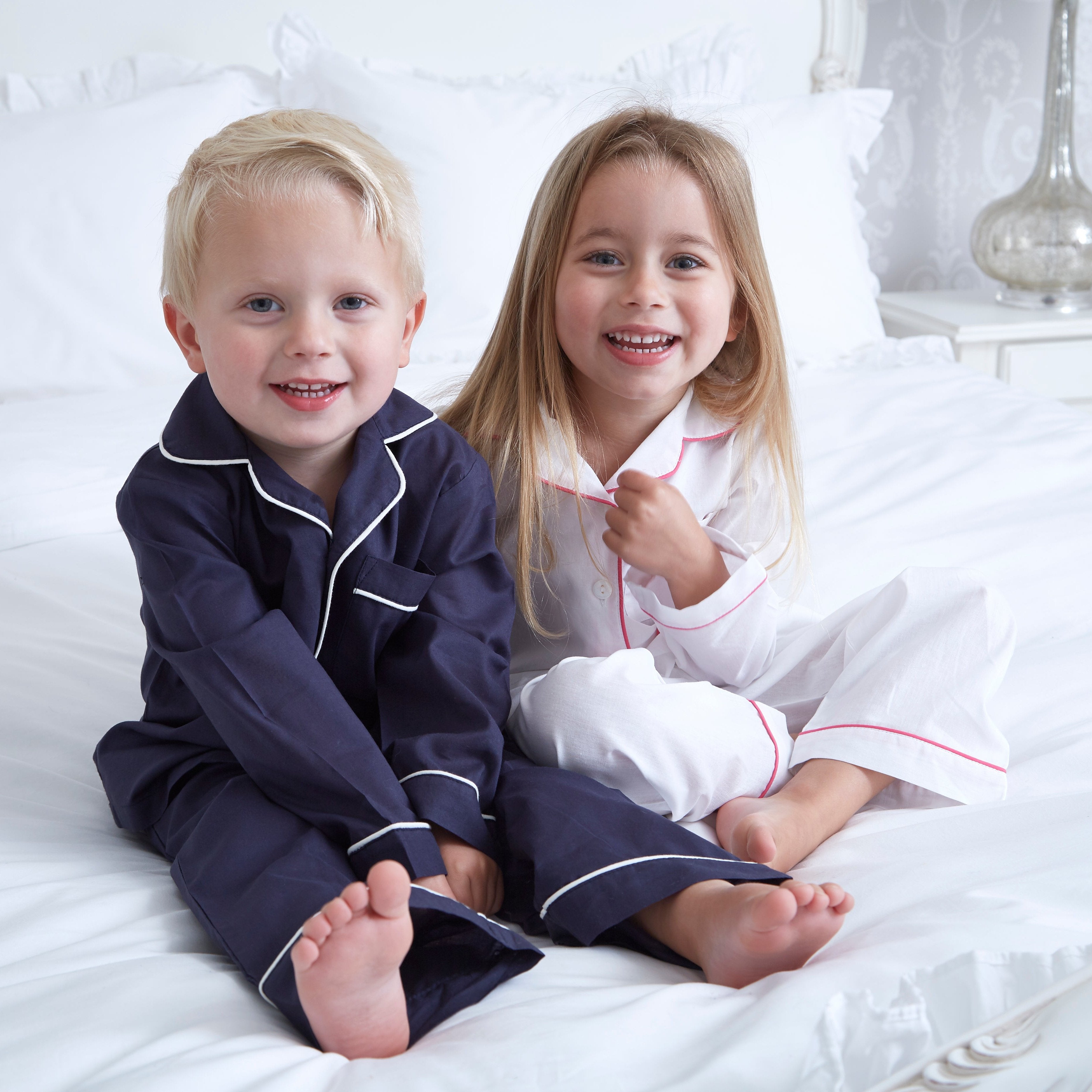 Girl's White with Pink Piping Cotton Pyjama's