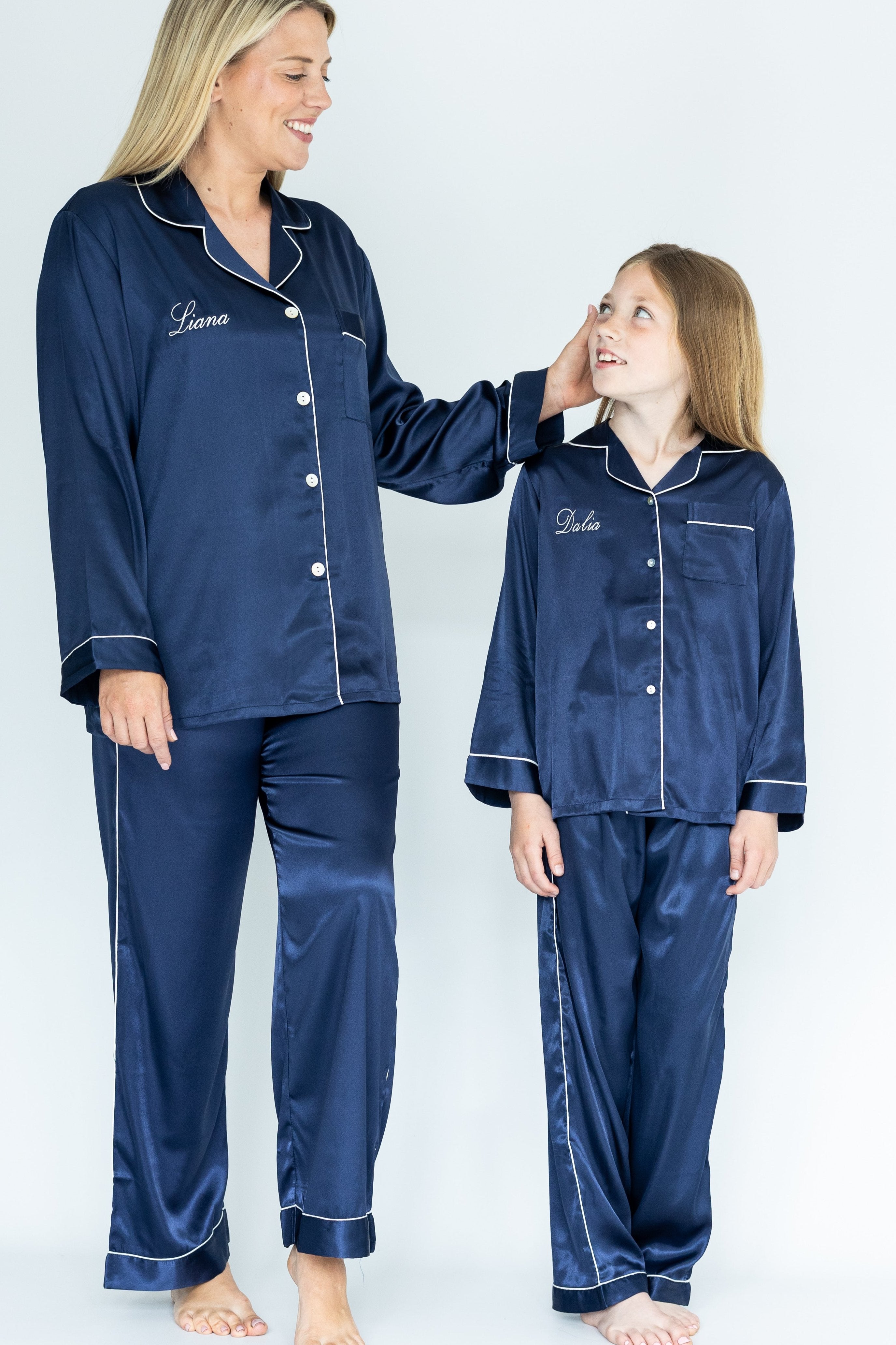 Girl's Navy Silky Satin Pyjama's