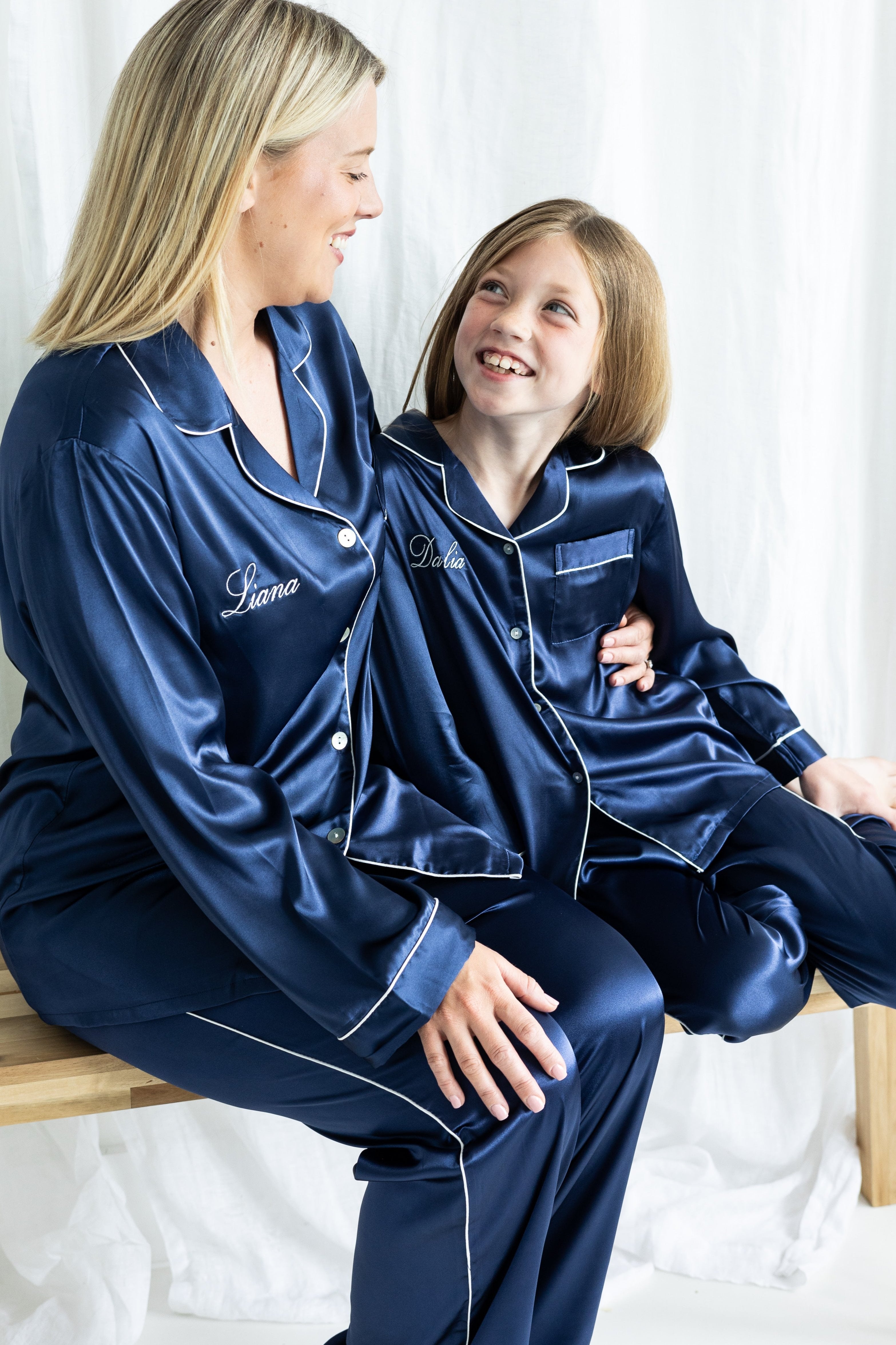 Girl's Navy Silky Satin Pyjama's