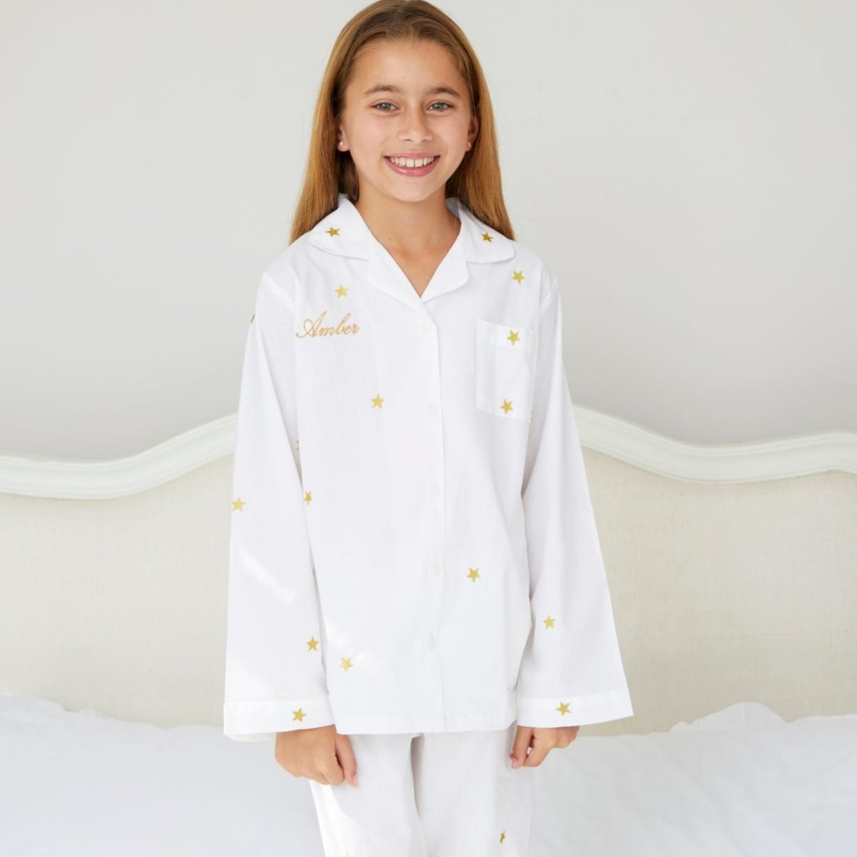 Girl's White and Gold Star Embroidered Pyjamas