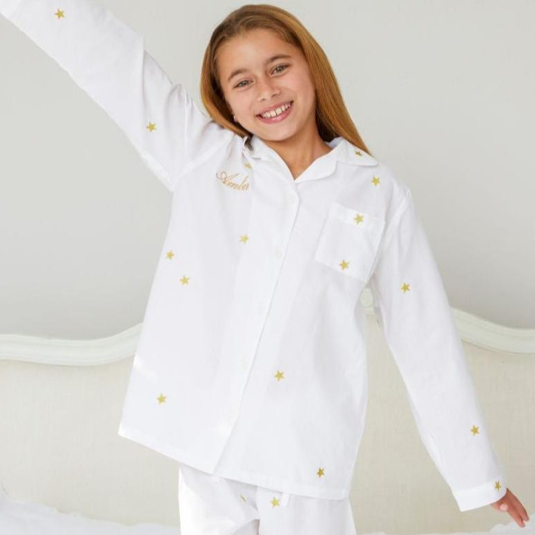 Girl's White and Gold Star Embroidered Pyjamas