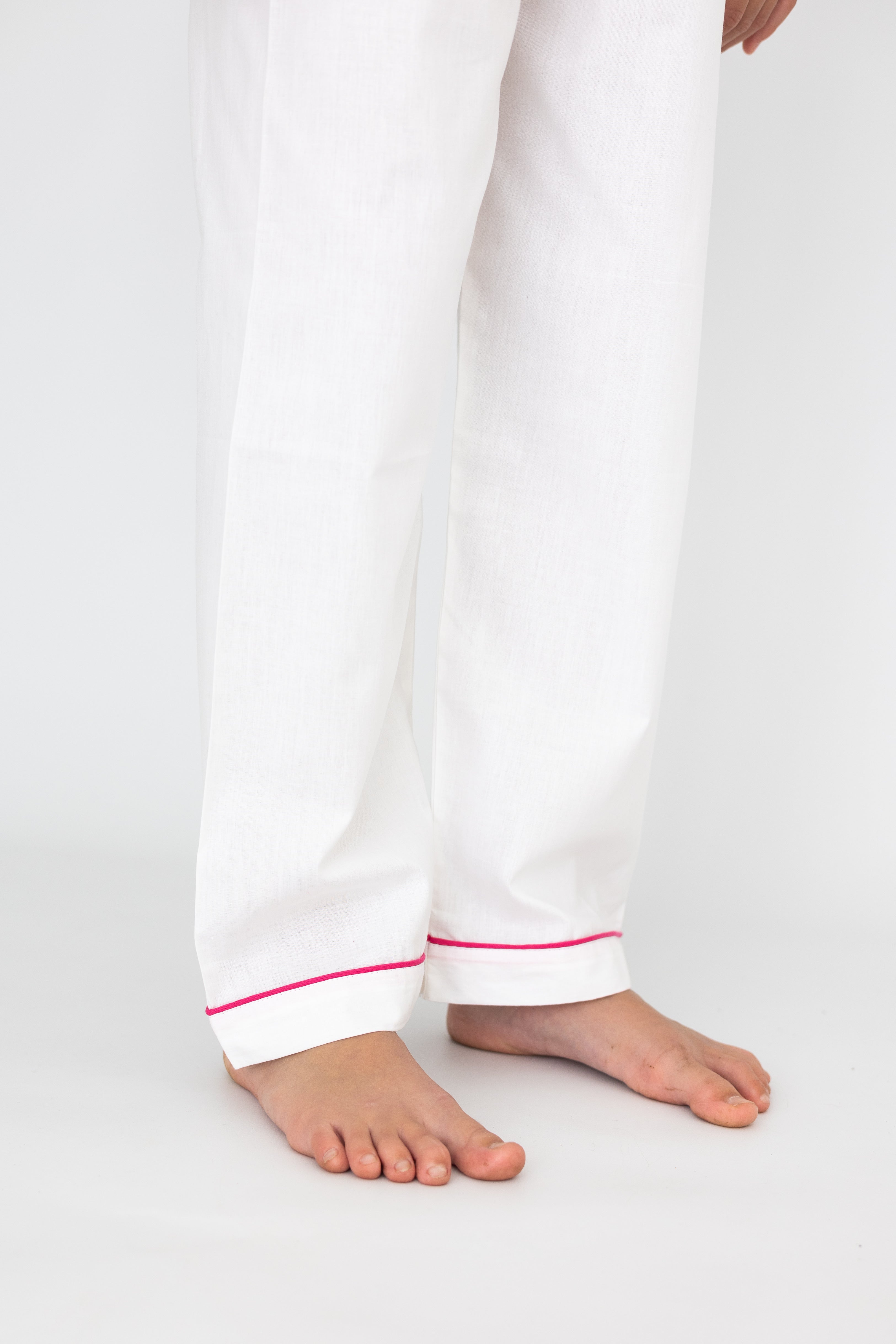 Girl's White with Pink Piping Cotton Pyjama's