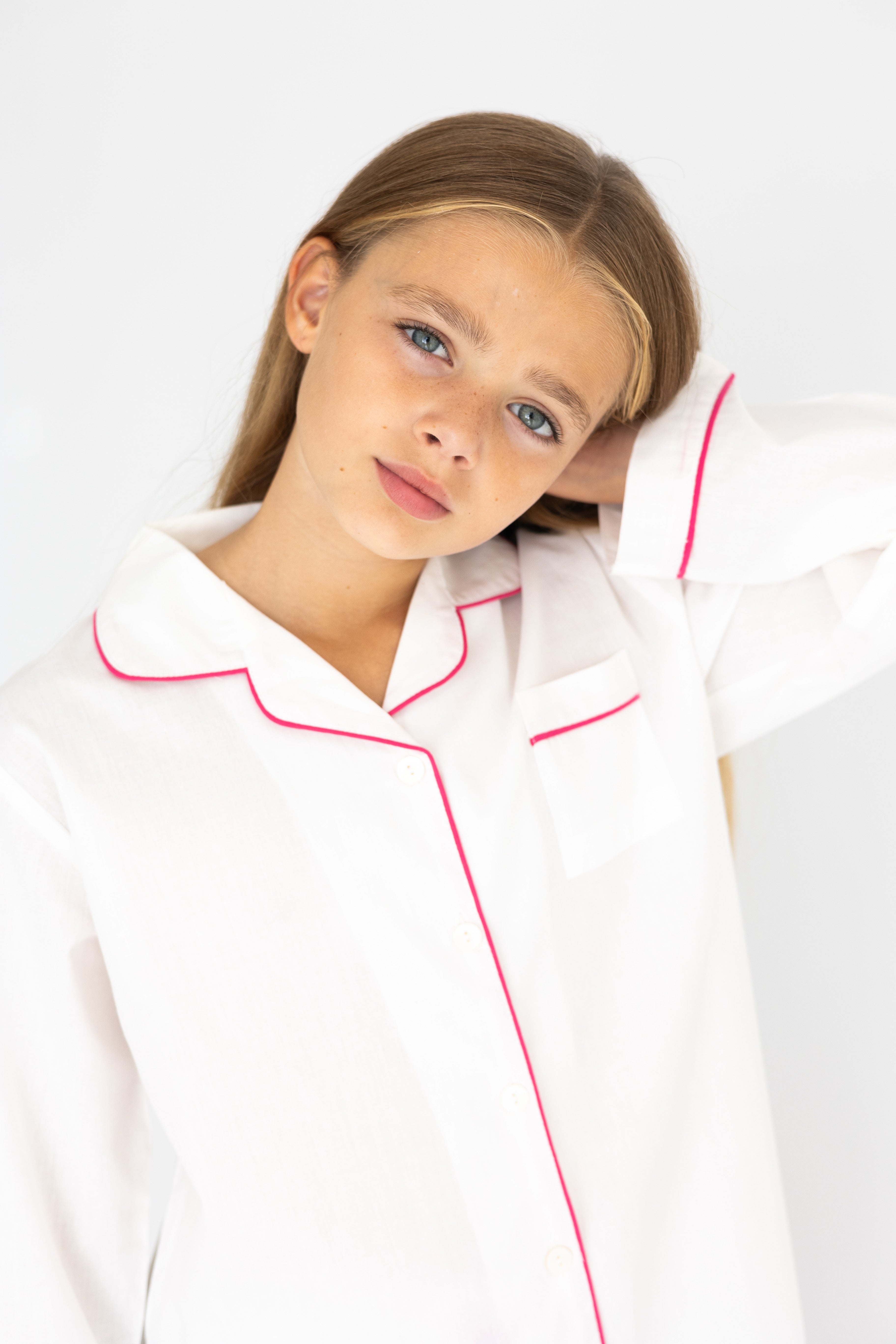 Girl's White with Pink Piping Cotton Pyjama's