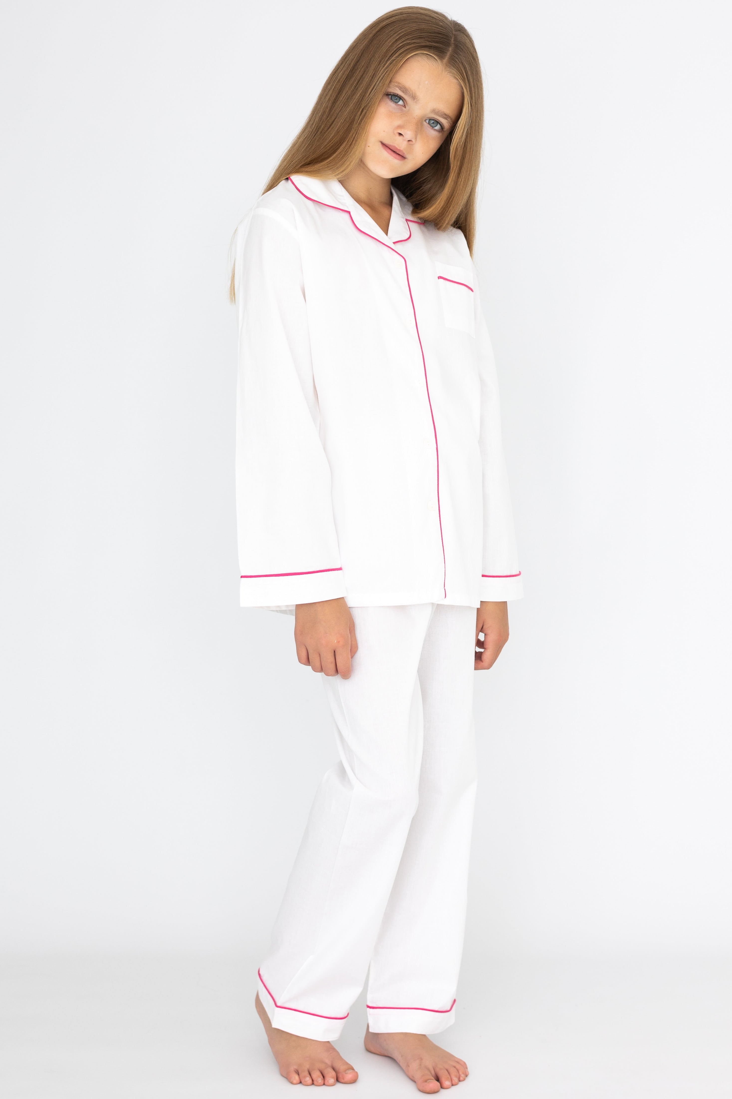 Girl's White with Pink Piping Cotton Pyjama's