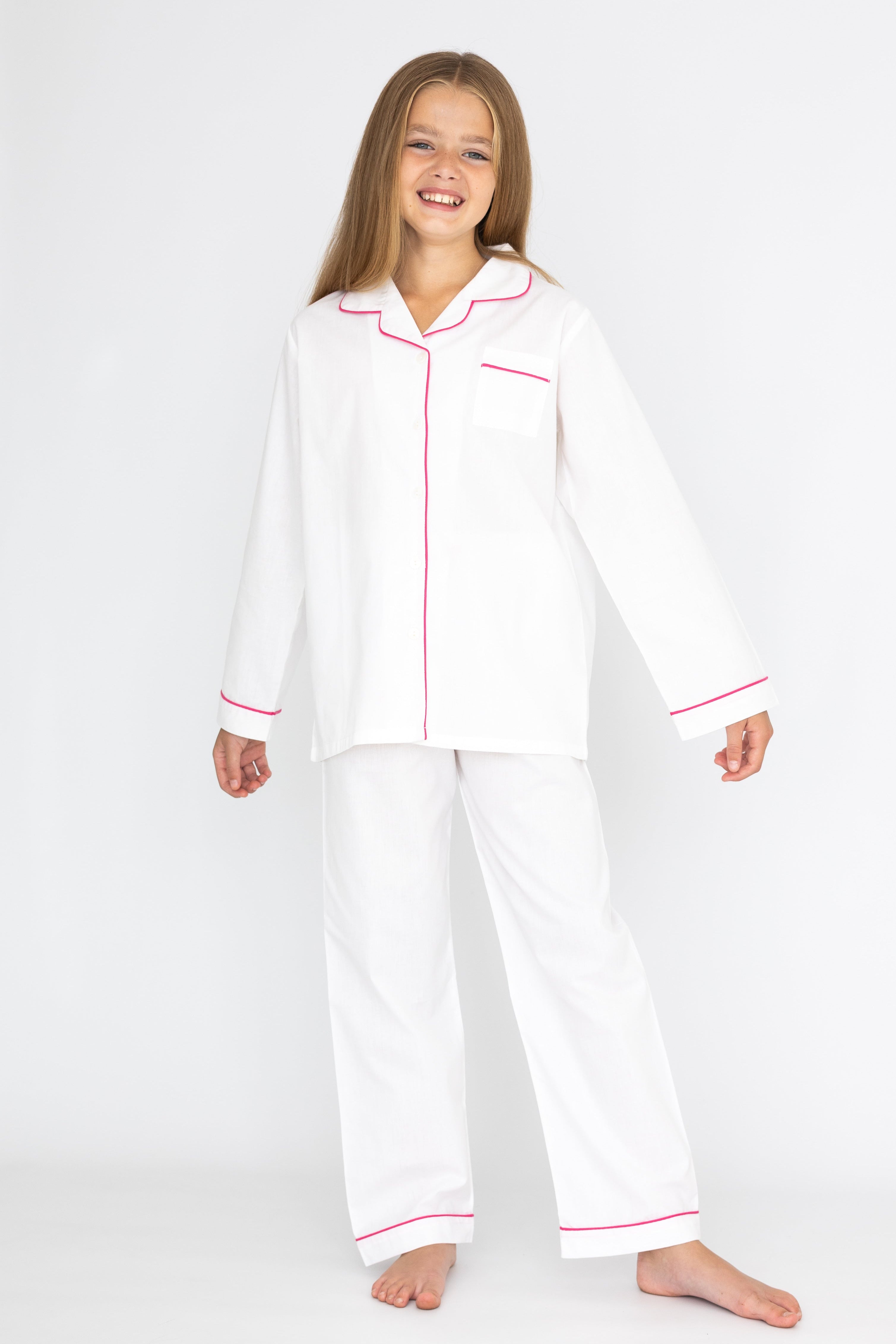 Girl's White with Pink Piping Cotton Pyjama's