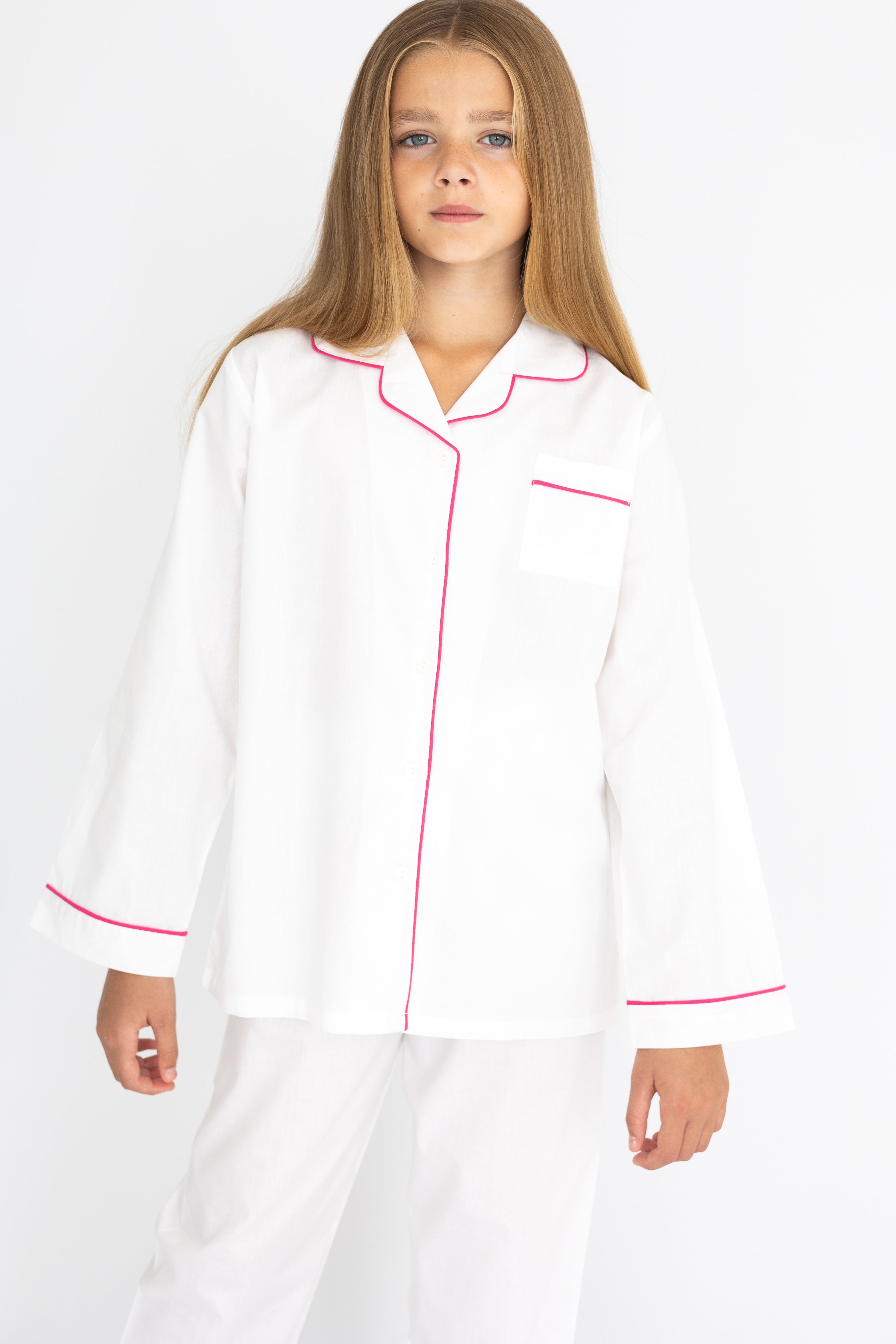 Girl's White with Pink Piping Cotton Pyjama's