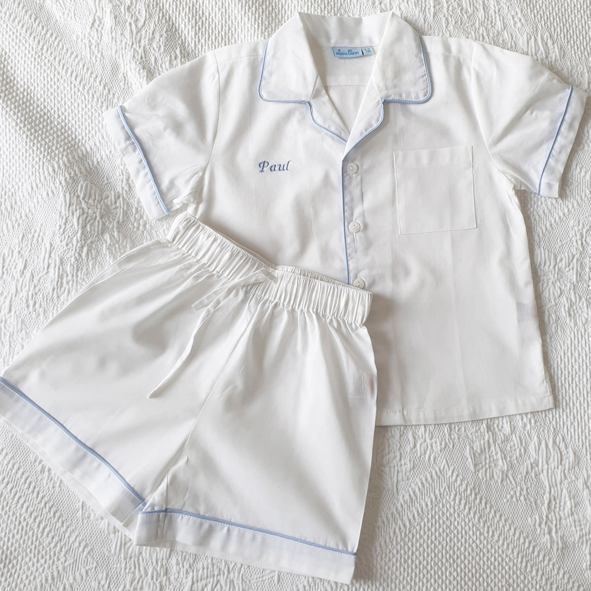 Boy's White with Blue Piping Cotton Pyjamas