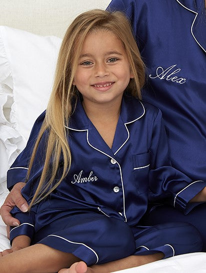 Girl's Navy Silky Satin Pyjama's