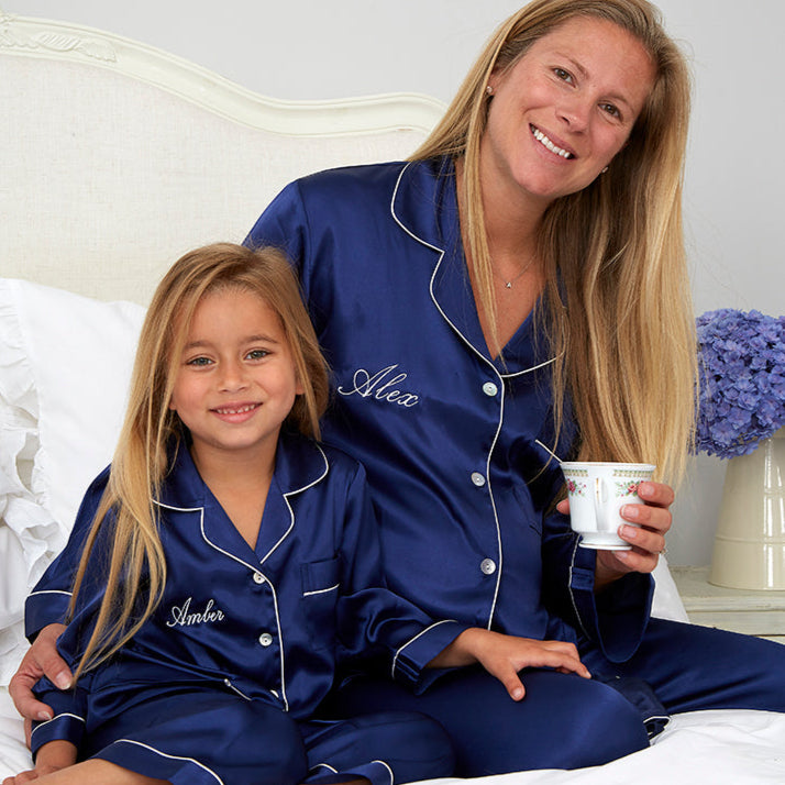 Girl's Navy Silky Satin Pyjama's