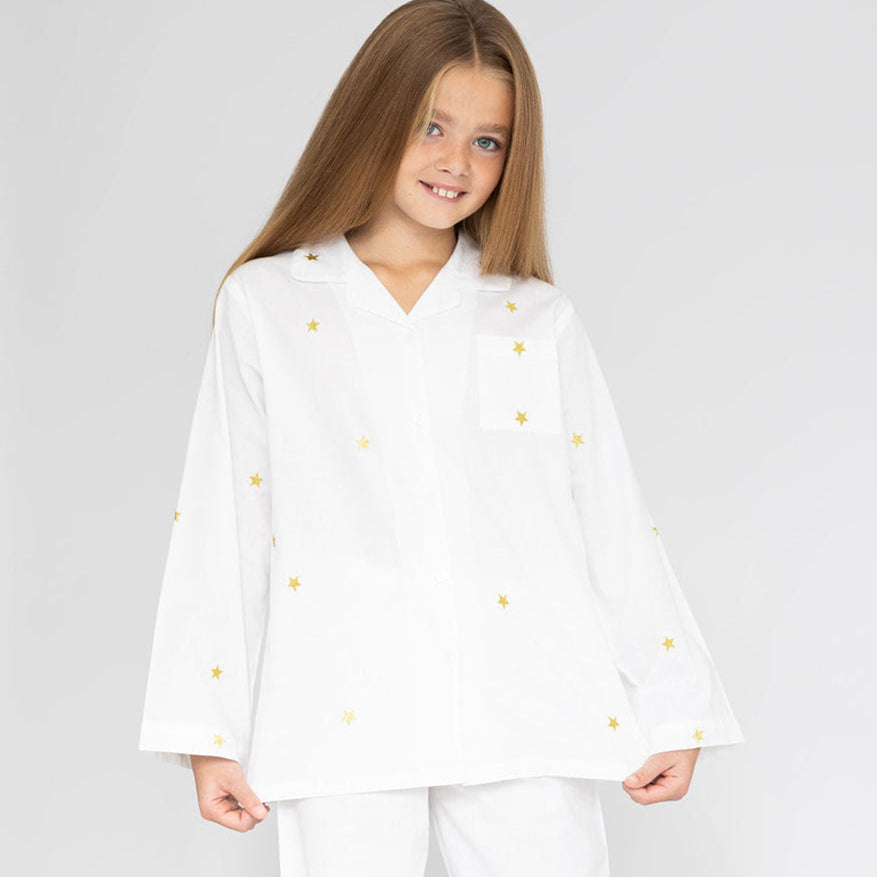 Girl's White and Gold Star Embroidered Pyjamas