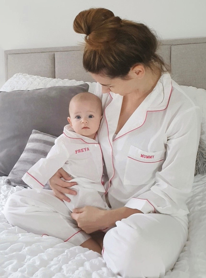 Women's White and Pink Piping Pyjamas
