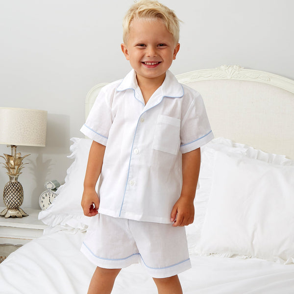Boy's White with Blue Piping Cotton Pyjamas