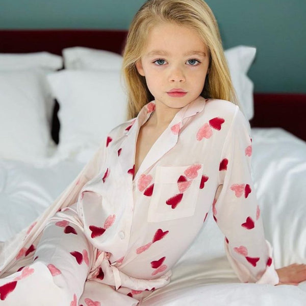 Girl's Pink Silky Satin Heart Pyjamas