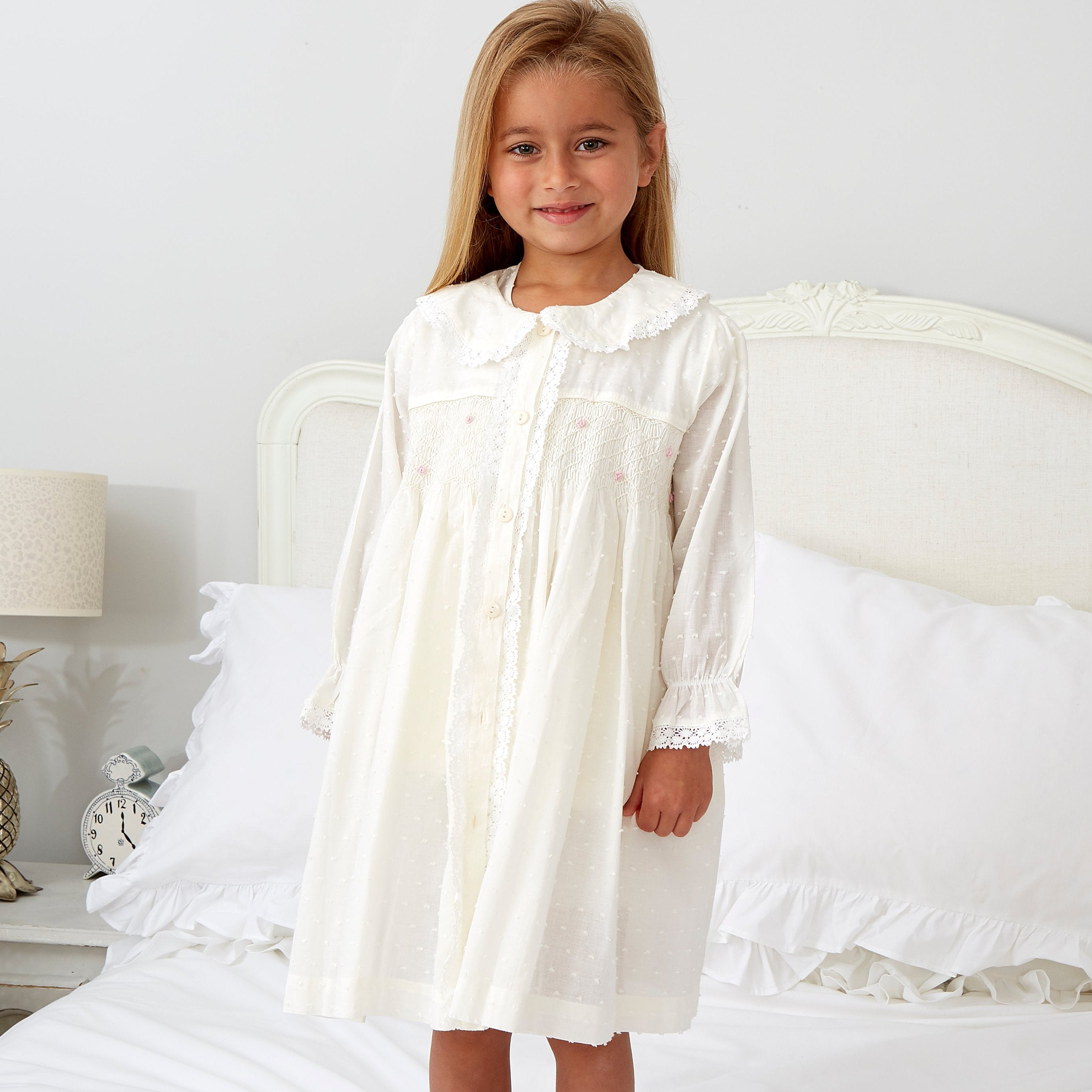 Girl's Ivory Smocked Cotton Dressing Gown