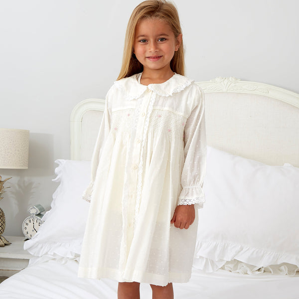 Girl's Ivory Smocked Cotton Dressing Gown