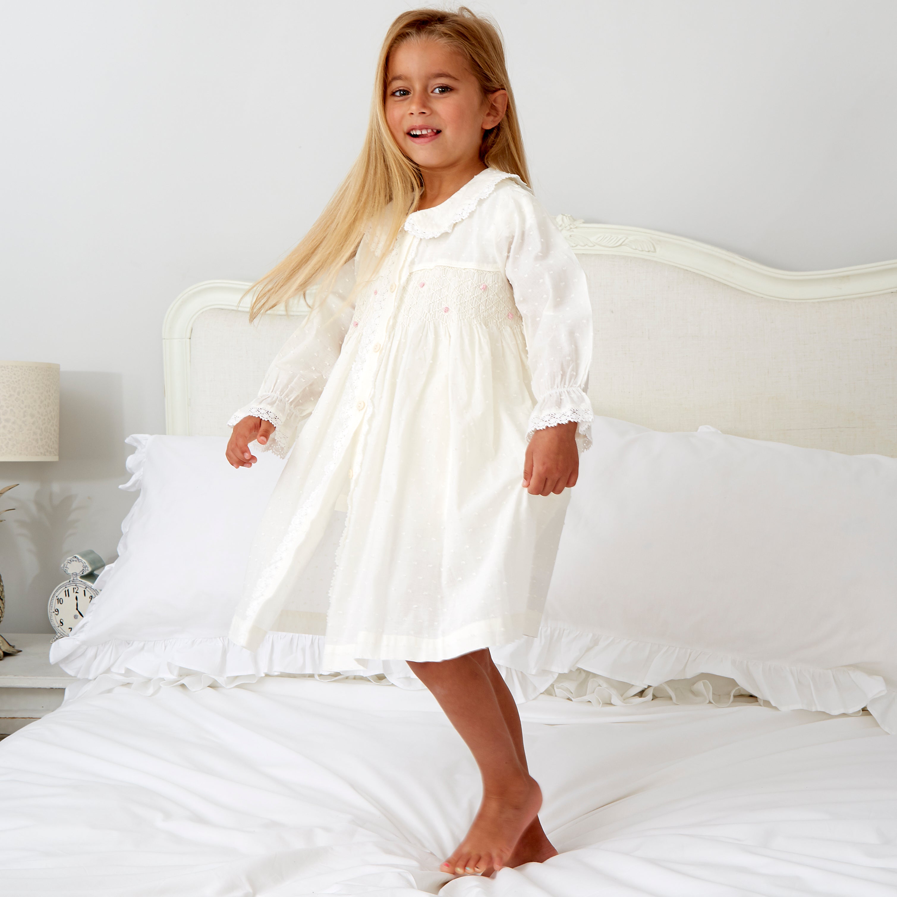 Girl's Ivory Smocked Cotton Dressing Gown
