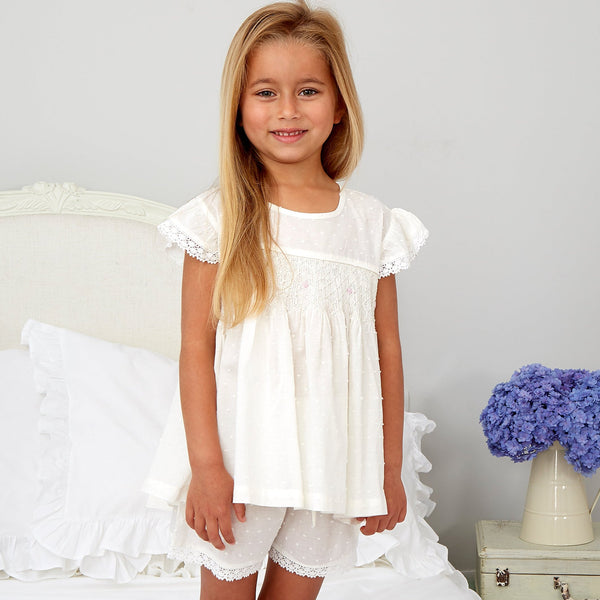 Girl's Ivory Smocked Short Pyjamas