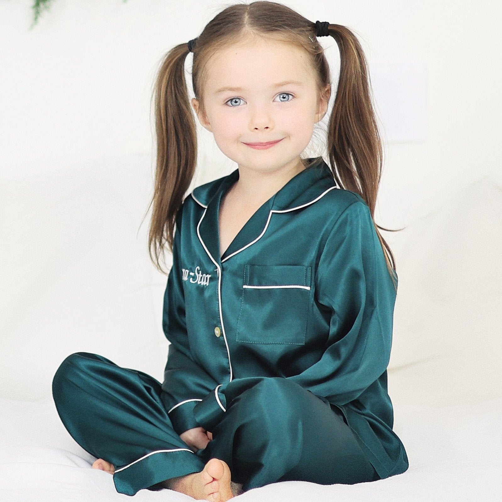 Girl's Emerald Silky Satin Pyjamas